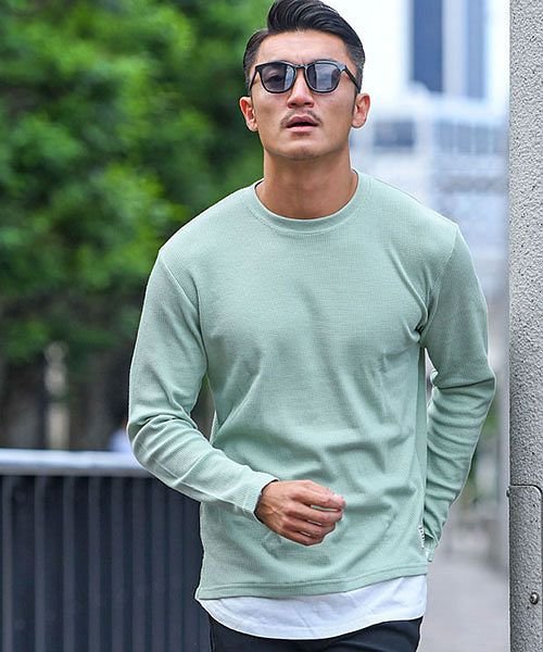Vicci ワッフルフェイクレイヤードクルーネック長袖tシャツ メンズ 長袖 トップス カットソー インナー ロンtワッフル 無地 シンプル 重ね着 細身 タ ビッチ Vicci Magaseek
