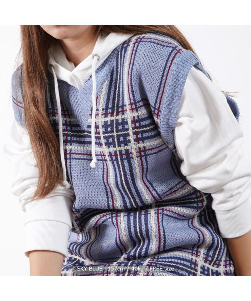 セール ワンフォークロージング 1111clothing ニットベスト メンズ ジレ ベスト レディース チェック Wジャガード チェック柄 ビッグニットベスト ビックシルエット ベスト オーバーサイズ ニット 大 Magaseek
