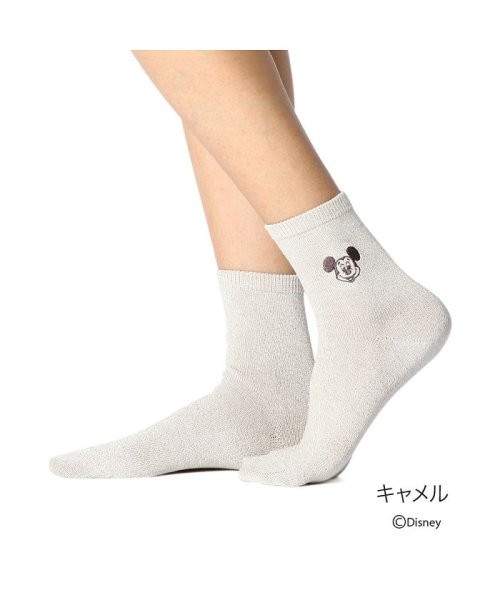 DISNEY(DISNEY)/福助 公式 靴下 レディース ミッキーマウス ラメ 刺繍 クルー丈 ソックス 200－2170   日本製/キャメル