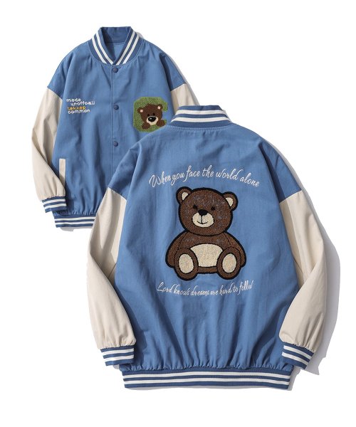 HOOK(HOOK（フック）)/HOOK新作 クマアメカジ袖配色切り替えドッキングブルゾン/ブルー