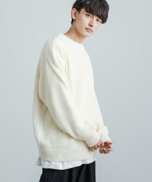 ニット メンズ レディース プルオーバー セーター 片畦編み ハイバルキー ウォッシャブル クルーネック オーバーサイズ ビッグシルエット カジュアル 無地 シ ロッキーモンロー Rocky Monroe Magaseek