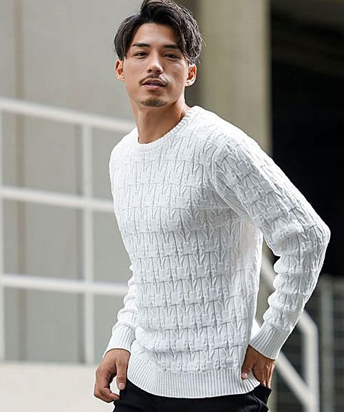 Cavaria 柄込みクルーネック長袖コットンジャガードニット メンズ 秋 冬 ニット メンズ ニットセーター クルーネック オシャレ 30代 C キャバリア Cavaria Magaseek