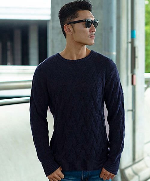 Cavaria 柄込みクルーネック長袖コットンジャガードニット メンズ 秋 冬 ニット メンズ ニットセーター クルーネック オシャレ 30代 C キャバリア Cavaria Magaseek