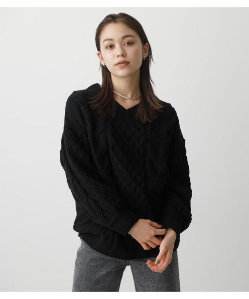 AZUL by moussy(アズールバイマウジー)/CHENILLE CABLE V／N KNIT TOPS/BLK