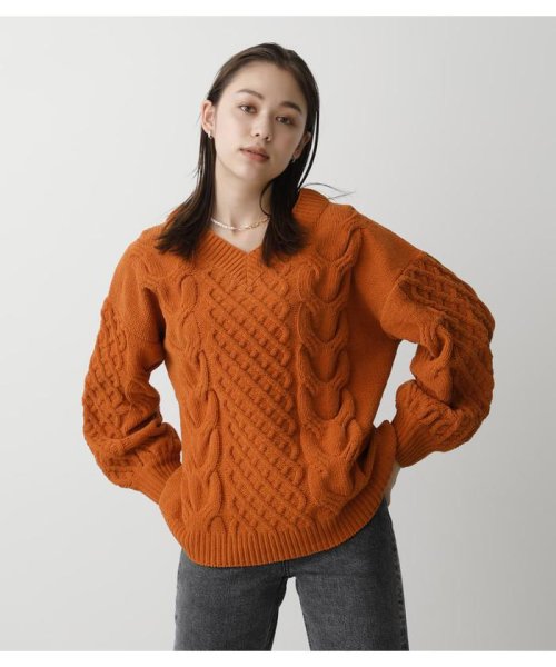 AZUL by moussy(アズールバイマウジー)/CHENILLE CABLE V／N KNIT TOPS/D/ORG3