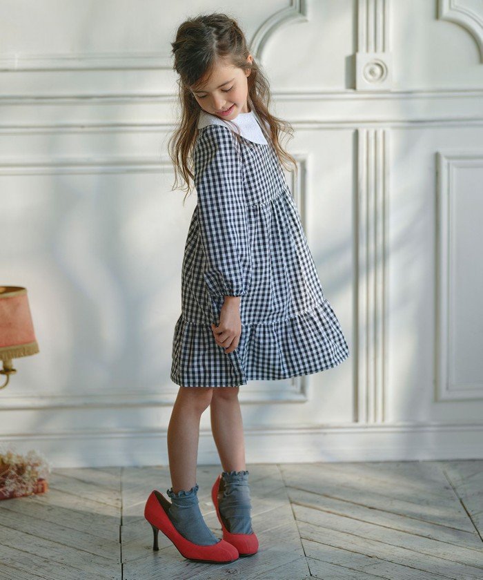 組曲 Kumikyoku 85cm 中古 キッズ 子供服 黒 白 チェック 半袖ワンピース