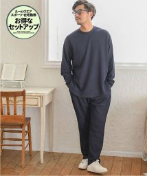 CavariA(キャバリア)/CavariA クルーネック長袖ワッフルTシャツ×リラクシングパンツセットアップ メンズ ロンT イージーパンツ ワッフル ラウンドカット レイヤード リラック/ネイビー