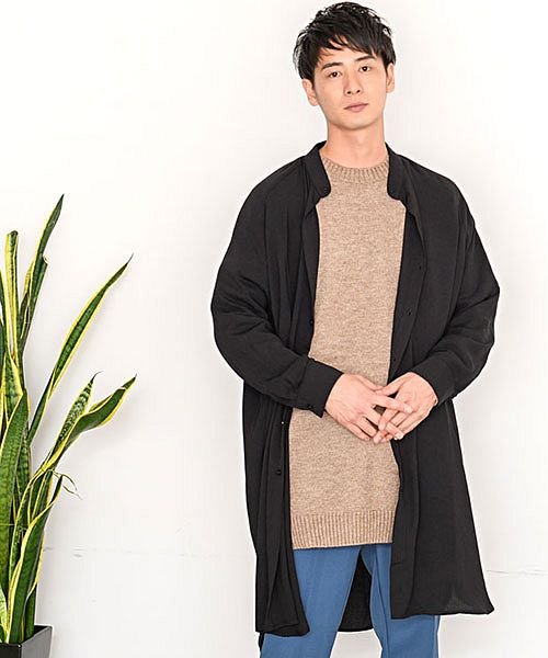 セール Cavaria バンドカラーロングシャツ ロング丈 シャツ メンズ バンドカラー 長袖 オーバーサイズシャツ ビッグシルエット シャツ メンズ カジュアルシャツ キャバリア Cavaria Magaseek