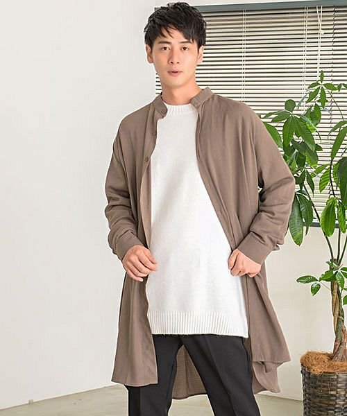 Cavaria バンドカラーロングシャツ ロング丈 シャツ メンズ バンドカラー 長袖 オーバーサイズシャツ ビッグシルエット シャツ メンズ カジュアルシャツ キャバリア Cavaria Magaseek