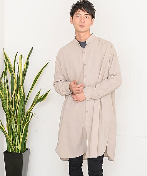 セール Cavaria バンドカラーロングシャツ ロング丈 シャツ メンズ バンドカラー 長袖 オーバーサイズシャツ ビッグシルエット シャツ メンズ カジュアルシャツ キャバリア Cavaria Magaseek