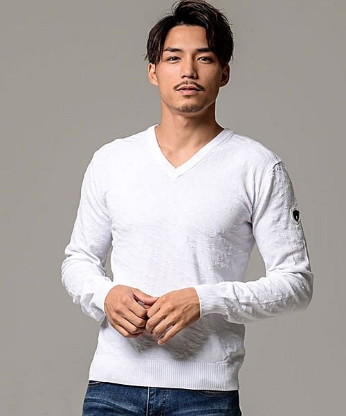 Viola 総柄vネックジャガードニット メンズ セーター 長袖 無地 ブランド Vネック シンプル エンブレム 総柄 ホワイト ブラック 白 黒 秋 冬 イン ヴィオラ Viola Magaseek