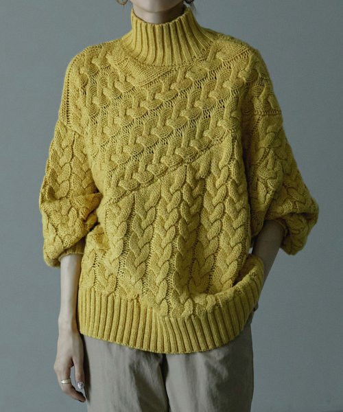 ハイネック ケーブル切替ニット レディース セーター ケーブル 編み ニット 長袖 秋冬 トップス ボリューム 袖 スリーブ ケーブルニット タートルネック ハ エトル Etoll Magaseek