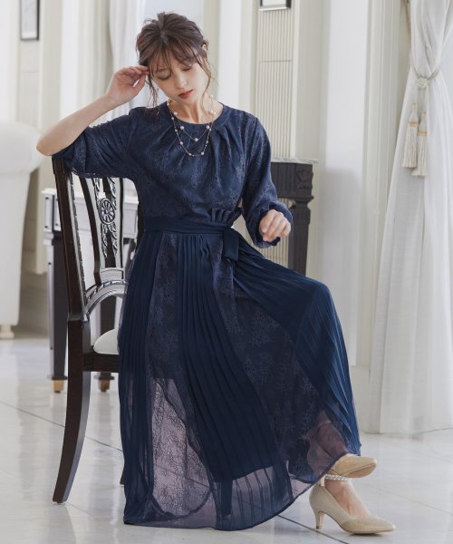 セール 結婚式 ワンピース パーティードレス 花柄 ボリューム袖 パフスリーブ プリーツ リボン シアー 異素材 ロング 総レース 透け感 5分袖 袖あり オケージ ニアナ Niana Magaseek