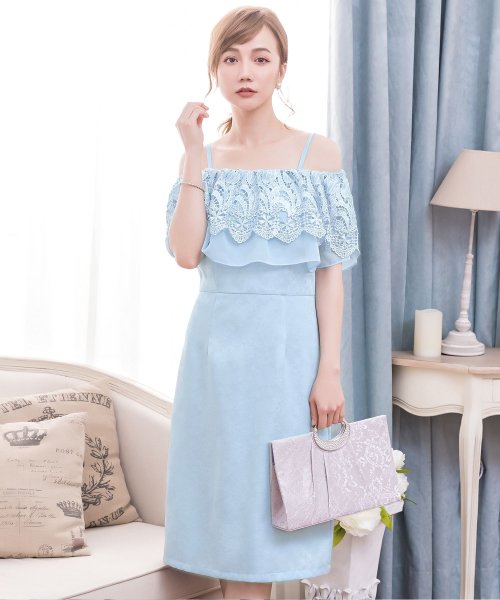 DRESS+(ドレス プラス)/2WAYオフショルダー風ティレースワンピース・結婚式ワンピース・お呼ばれパーティードレス/ライトブルー