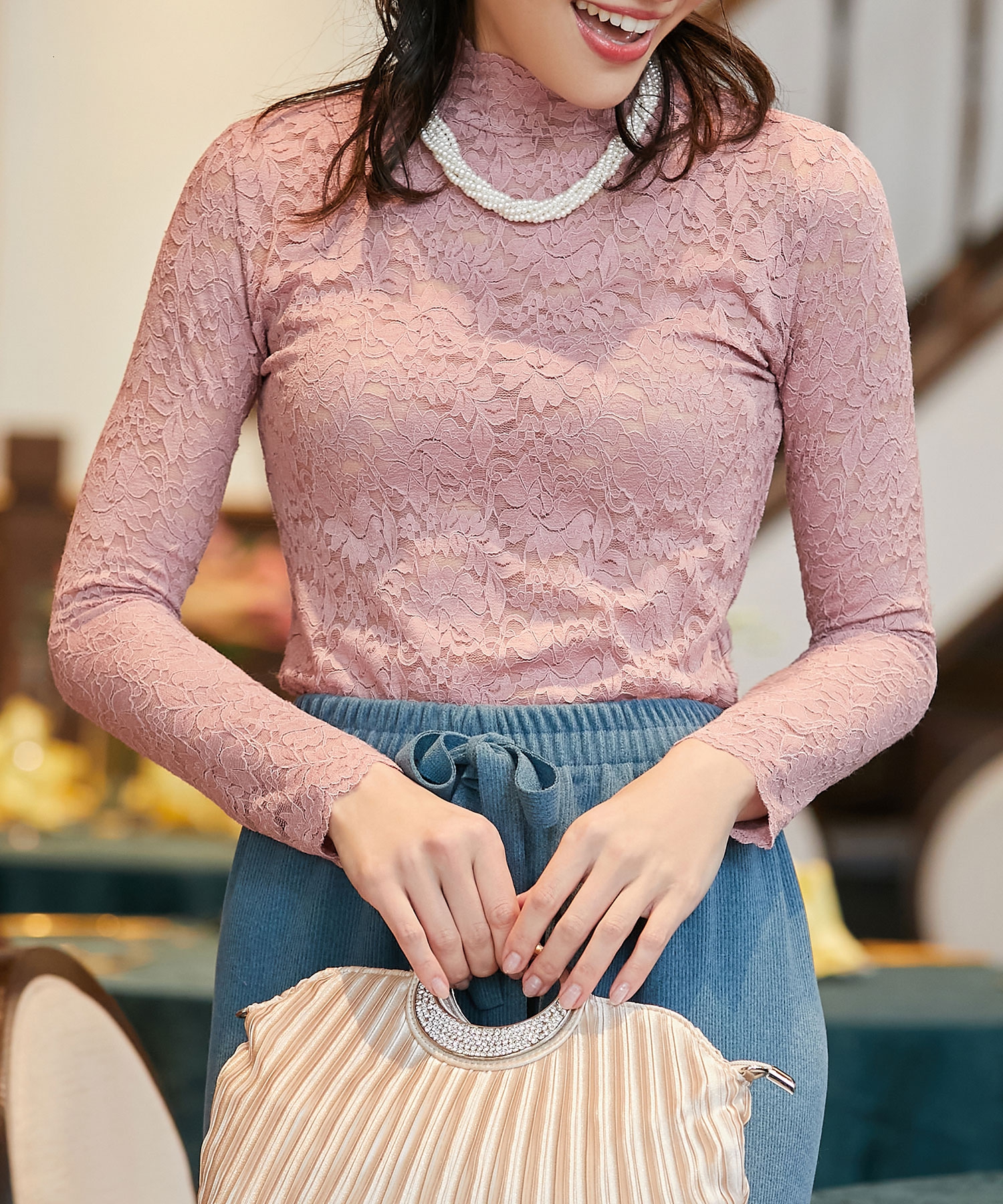 競売 フリル ライトブルー PINK クルーネック レース HOUSE ピンク ...