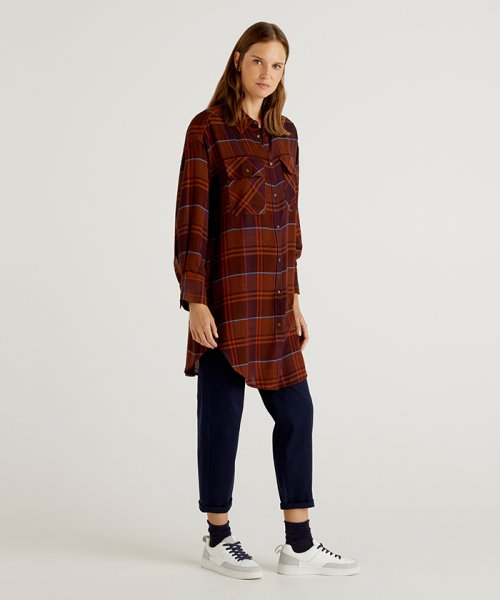 セール ウール混長袖ロングシャツ ブラウス ベネトン レディース Benetton Women Magaseek