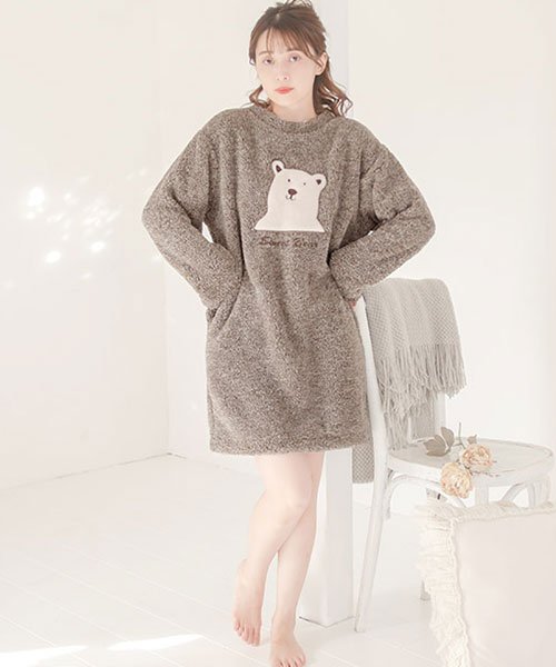 メランジシャギーベア刺繍ワンピースルームウェアパジャマ ワンピース ルームウェア レディース キャラクター おしゃれ 暖かい クマ くま コスプレ 大人 ペア ディータ Dita Magaseek