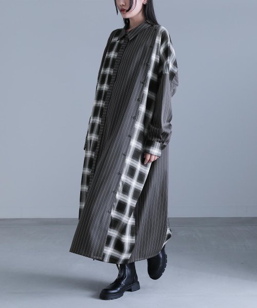 モノトーン柄切替シャツワンピース オシャレウォーカー Osharewalker Magaseek