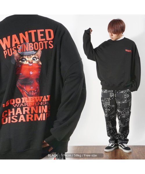 1111clothing(ワンフォークロージング)/ビッグシルエット トレーナー メンズ スウェット レディース ◆WANTED CAT ビッグトレーナー◆ オーバーサイズ スエット トップス 長袖 綿100% /ブラック