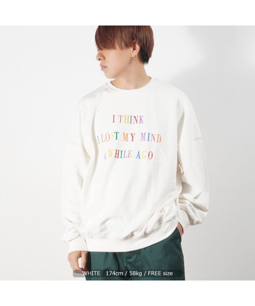 1111clothing(ワンフォークロージング)/ビッグシルエット トレーナー メンズ スウェット レディース ◆レインボー ロゴ刺繍 ビッグトレーナー◆ オーバーサイズ スエット トップス 長袖 綿100% /ホワイト