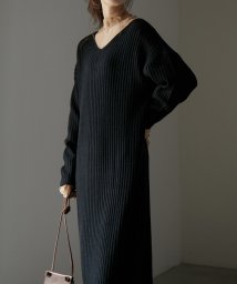 Fashion Letter(ファッションレター)/バックリボン Vネック ニットワンピース レディース バックレースアップ サイドスリット 長袖 ロング ミモレ丈 リブ編み リブニット リブワンピ ニットワンピ/ブラック