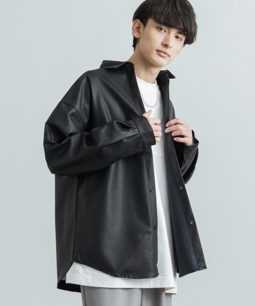 セール シャツ ジャケット レザー Pu 背面比翼 Cpo メンズ レディース ビッグシルエット オーバーサイズ フェイク エコ シンセティック カジュアル シンプル ロッキーモンロー Rocky Monroe Magaseek