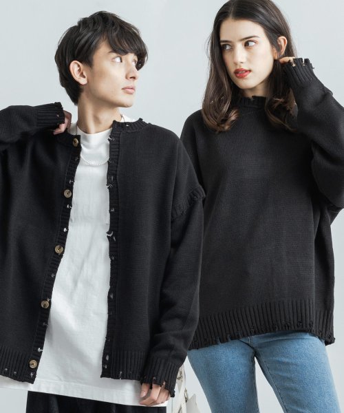 セール ニット カーディガン セーター 2way メンズ レディース ライトアウター ダメージ 古着 ゆるニット 前開き クルーネック オーバーサイズ ビッグシルエッ ロッキーモンロー Rocky Monroe Magaseek