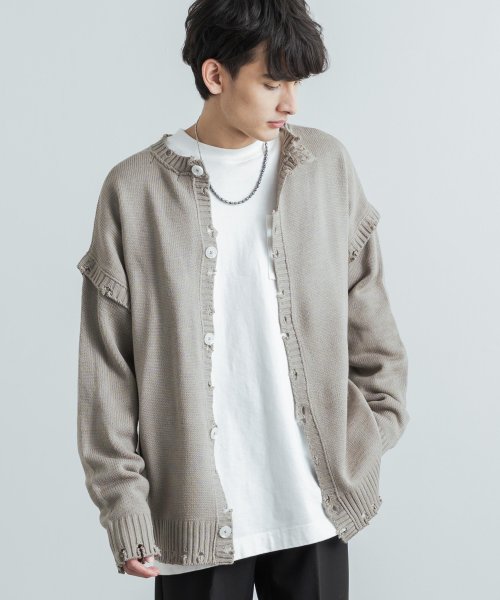セール ニット カーディガン セーター 2way メンズ レディース ライトアウター ダメージ 古着 ゆるニット 前開き クルーネック オーバーサイズ ビッグシルエッ ロッキーモンロー Rocky Monroe Magaseek