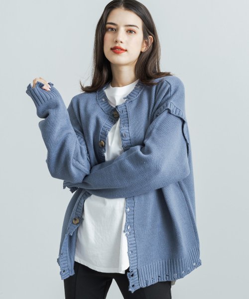 ニット カーディガン セーター 2way メンズ レディース ライトアウター ダメージ 古着 ゆるニット 前開き クルーネック オーバーサイズ ビッグシルエッ ロッキーモンロー Rocky Monroe Magaseek