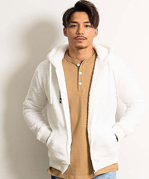 セール Cavaria 刺繍入りジップアップ長袖ボアパーカー メンズ パーカー ジップアップ アウター 無地 刺繍 フード モコモコ 秋 冬 M L 21 Cav キャバリア Cavaria Magaseek