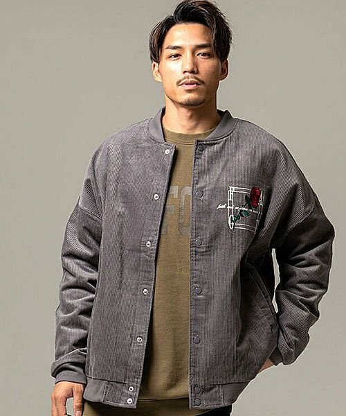 Cavaria バライラスト刺繍長袖ビッグコーデュロイブルゾン メンズ ジャケット コーデュロイ バラ 薔薇 羽織 アウター コットン 綿100 ビッグシルエ キャバリア Cavaria Magaseek