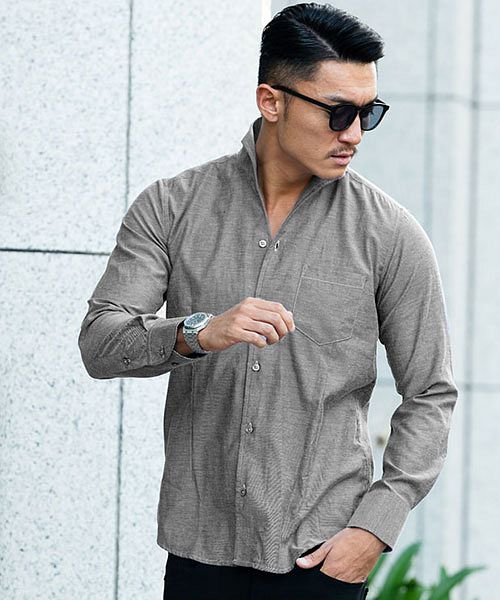 Cavaria 長袖イタリアンカラーシャツ メンズ 長袖 トップス インナー カジュアルシャツ イタリアンカラー 立ち襟 シンプル 細身 タイト コットン サッ キャバリア Cavaria Magaseek