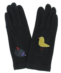 PICONE(ピッコーネテブクロ)/ピッコーネ PICONE レディース 手袋 女性用 タッチパネル対応 スマホ アップリケ 刺繍 はりねずみ とり/ブラック