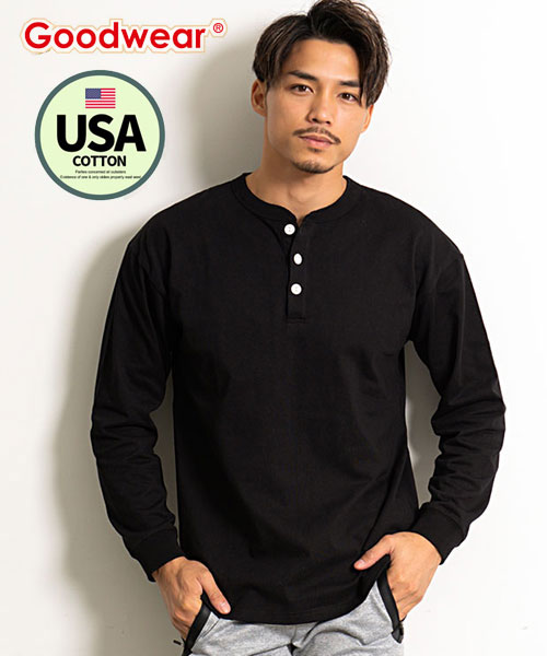 Goodwear USAコットンヘンリーネック長袖Tシャツ メンズ ロンT グッドウェア トップス USAコットン ヘンリーネック カジュアル  ヘビーオンス ヘ