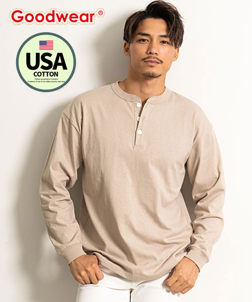 Goodwear USAコットンヘンリーネック長袖Tシャツ メンズ ロンT グッドウェア トップス USAコットン ヘンリーネック カジュアル  ヘビーオンス ヘ