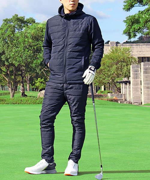 TopIsm(トップイズム)/ゴルフウェア セットアップ メンズ 上下セット ダウンジャケット ゴルフパンツ 暖か裏起毛シャギーボア 防寒 ストレッチジャージ スタンド パーカー スポーツ/ネイビー