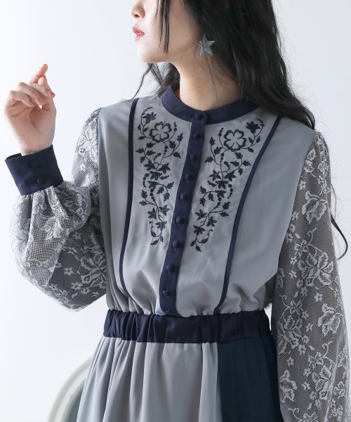 花柄刺繍レース切り替えワンピース オシャレウォーカー Osharewalker Magaseek