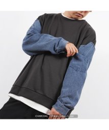 1111clothing(ワンフォークロージング)/トレーナー メンズ スウェット レディース ビッグシルエット ◆袖デニム ルーズスウェットシャツ◆ ビッグトレーナー トップス オーバーサイズ 長袖 大きいサイ/チャコールグレー