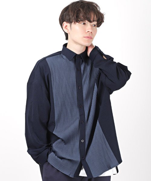 セール プリーツ切替bigシャツ 長袖シャツ メンズ ビッグシルエット プリーツ 切替 バイカラー ラグスタイル Luxstyle Magaseek