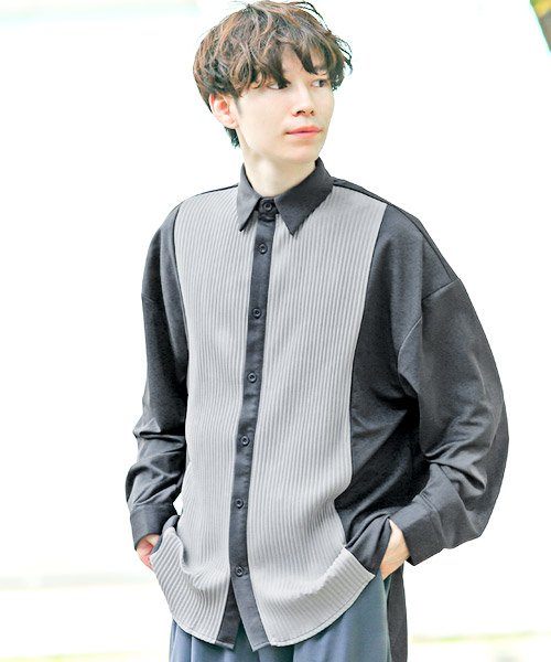 セール プリーツ切替bigシャツ 長袖シャツ メンズ ビッグシルエット プリーツ 切替 バイカラー ラグスタイル Luxstyle Magaseek