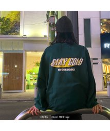 1111clothing(ワンフォークロージング)/ビッグシルエット トレーナー メンズ スウェット レディース ◆STAY GOLD 発泡プリント ビッグトレーナー◆ オーバーサイズ スエット 裏起毛 綿100/グリーン