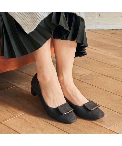 【3E】ローヒールスクエアパンプス 3E 本革