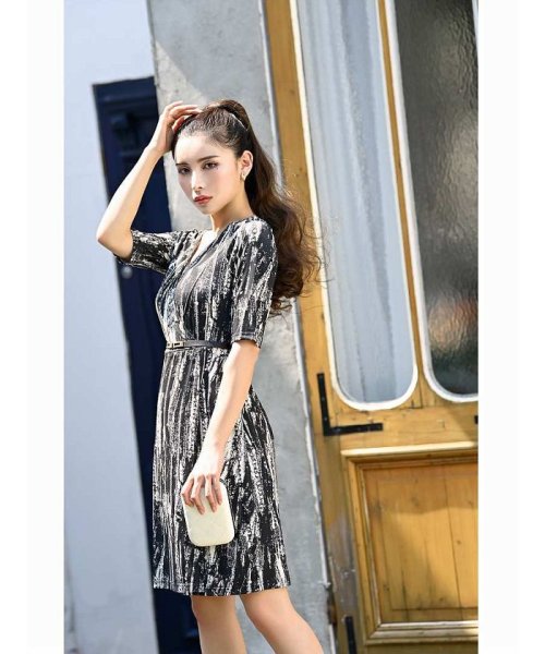 Rew-You(リューユ)/DaysPiece キャバクラドレス 韓国風ドレス スカートセットアップ 袖付き 五分袖/ブラック