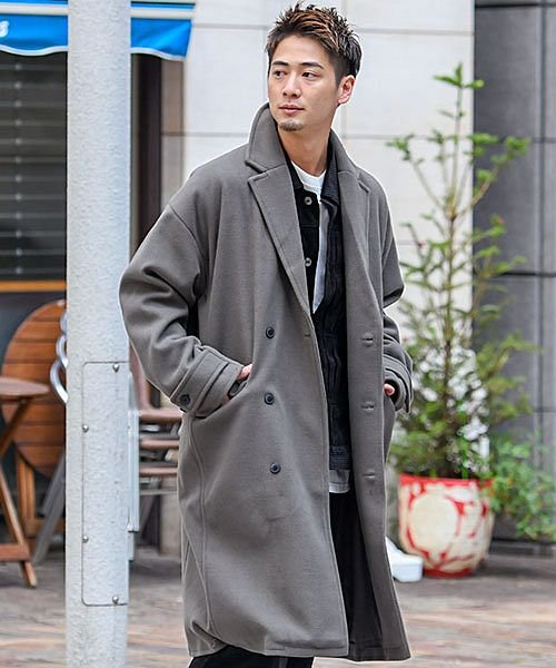 Cavaria 3タイプから選べるテックメルトンコート メンズ ロング 大きいサイズ ビッグシルエット チェスターコート ステンカラーコート ダブル メルトン キャバリア Cavaria Magaseek