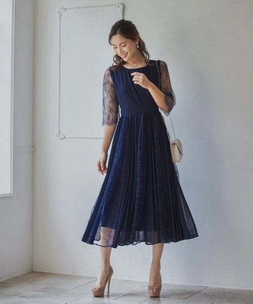 DRESS+(ドレス プラス)/レースシフォンドッキングワンピース パーティードレス/ネイビー