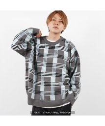 1111clothing(ワンフォークロージング)/ニット メンズ チェック柄 レディース ビッグシルエット ◆エターナルチェック クルーネック ニット◆ オーバーサイズ トップス 長袖 チェック プルオーバー /グレー