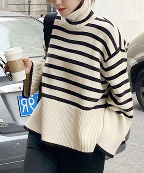 ニット プルオーバー トップス ハイネック ワイドシルエット バックロング 韓国 ファッション ハイネックワイドボーダーニットプルオーバー フューティアランド Futier Land Magaseek
