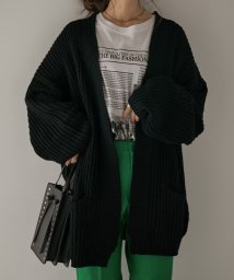 Fashion Letter(ファッションレター)/[M－5L]ざっくり編みビッグシルエットニットカーディガン ニット Vネック 長袖 レディース オーバーサイズ オーバーカーデ 大きめ 長め ボリュームスリーブ/ブラック