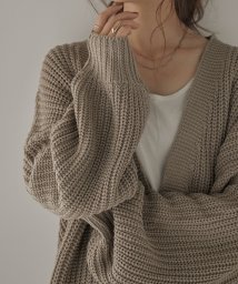 Fashion Letter(ファッションレター)/[M－5L]ざっくり編みビッグシルエットニットカーディガン ニット Vネック 長袖 レディース オーバーサイズ オーバーカーデ 大きめ 長め ボリュームスリーブ/モカ