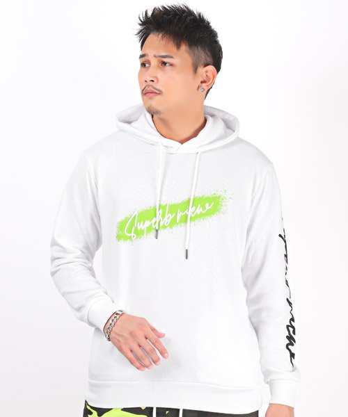 セール スプレー調プリントパーカー パーカー メンズ スウェット プルオーバー ロゴ 刺繍 スプレー ネオンカラー ラグスタイル Luxstyle Magaseek